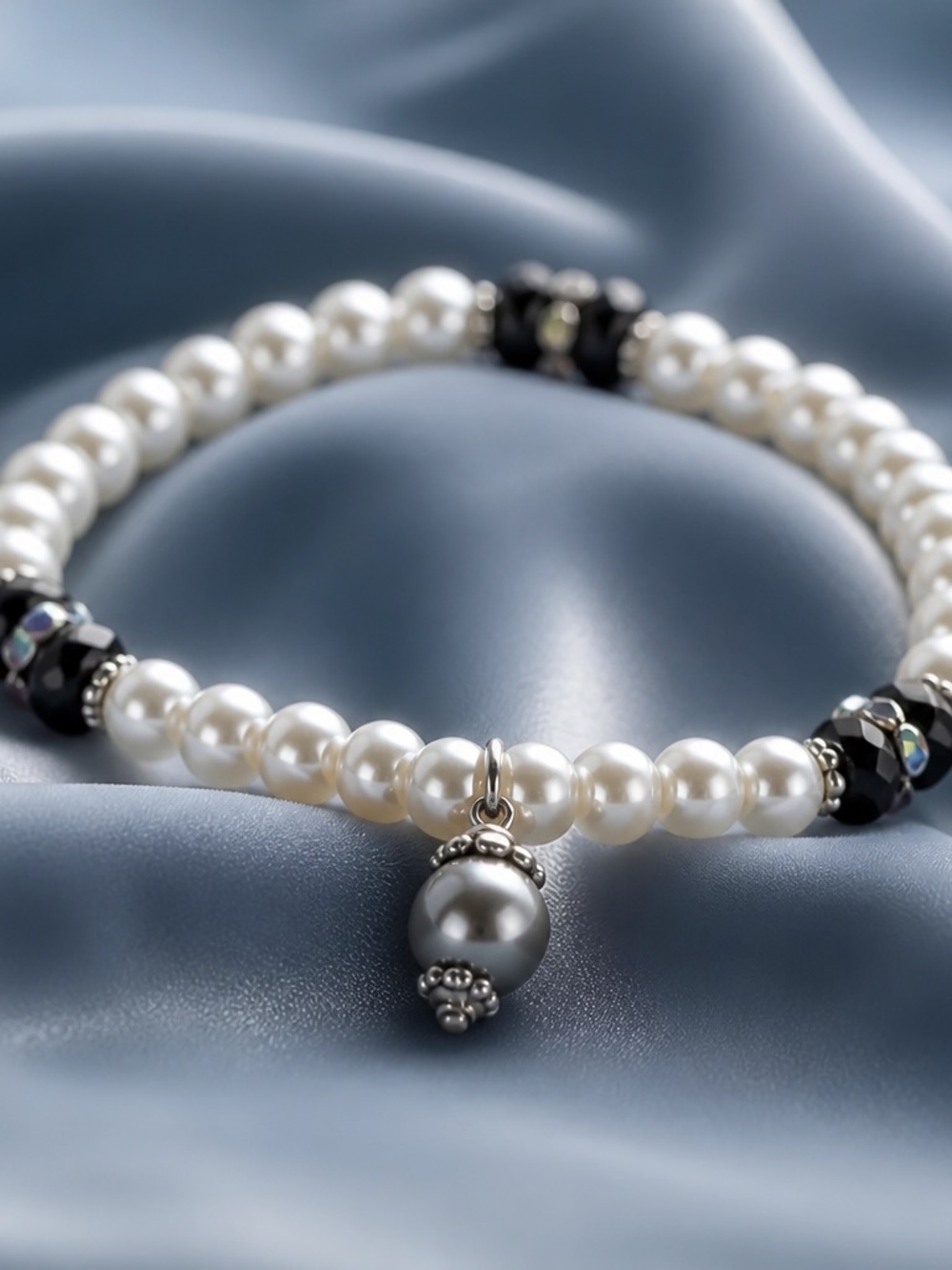 White Pearl & Black 3mm Glass Beaded Bracelet NWT